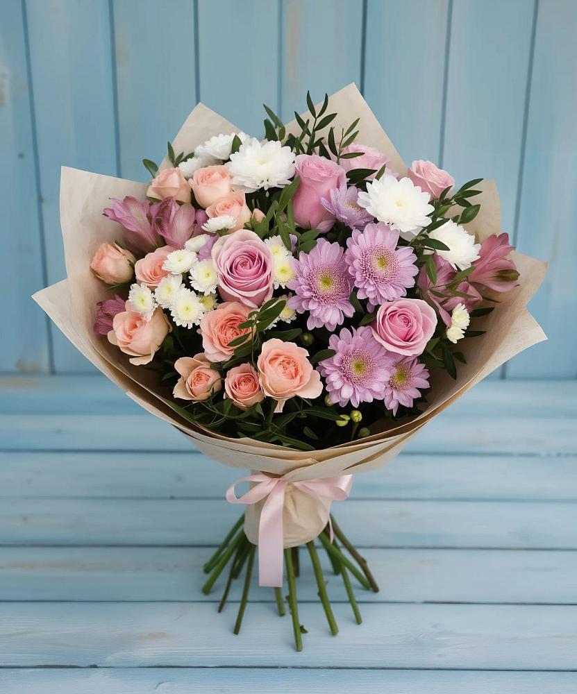 Букет цветов из: Хризантемы, Розы и Альстромерии в Каспийске