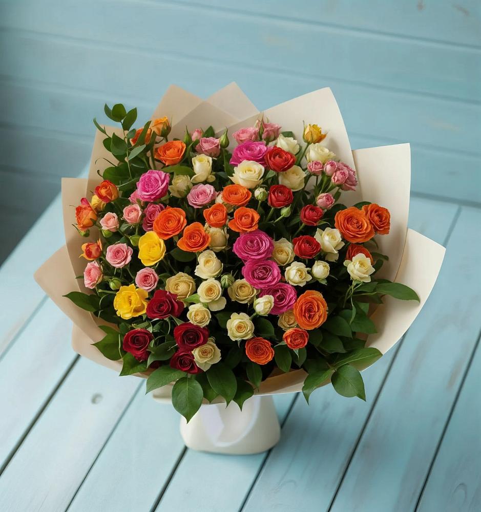 Букет Микс из разноцветных кустовых роз в Каспийске