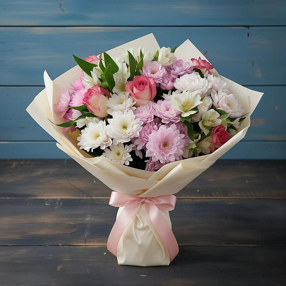 Букет цветов из: Хризантемы, Альстромерии и Розы в Каспийске